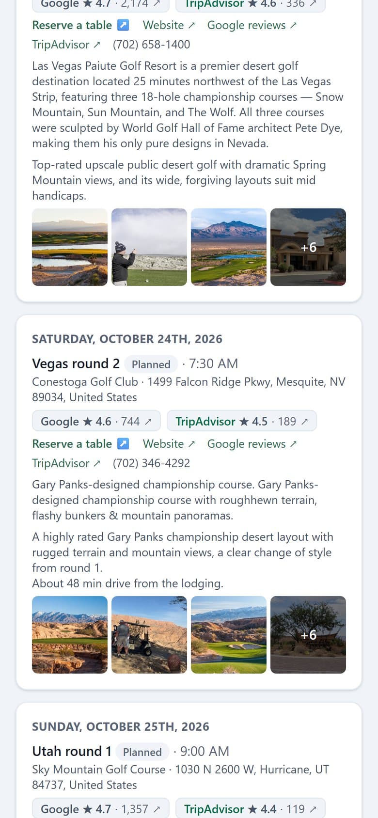 A traveler's trip link on a phone, showing a golf day with course ratings and photos