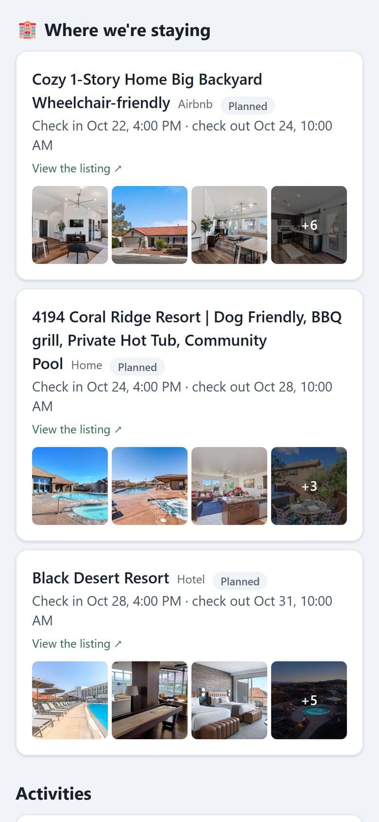 A traveler's trip link on a phone, showing where the group is staying, with photos